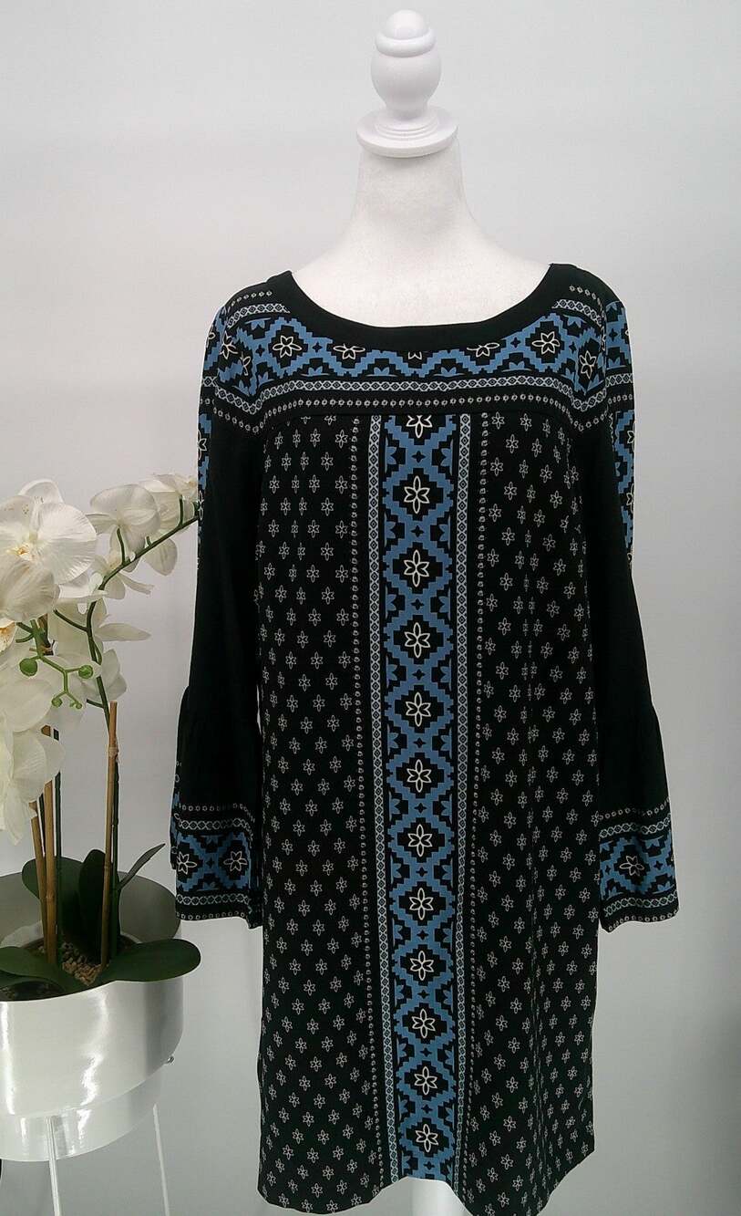 Loft Womens Black Blue Mosaic Bell Sleeves Medallion Boho Chic Shift Dress Large